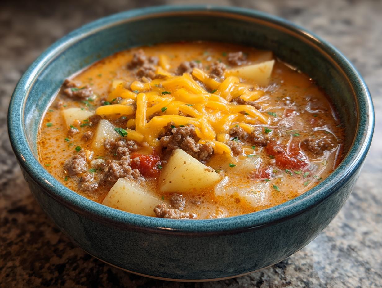 Glorious Cheesy Hamburger Potato Soup: Pure Comfort - Cheesy Hamburger Potato Soup - additional detail