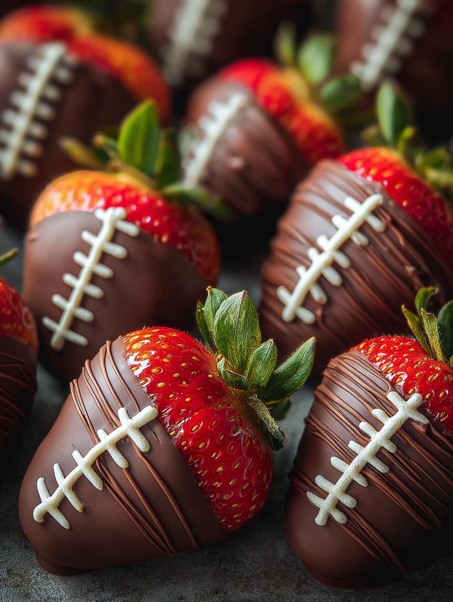 Game Day Chocolate Covered Strawberry Footballs - close-up of decorated football laces