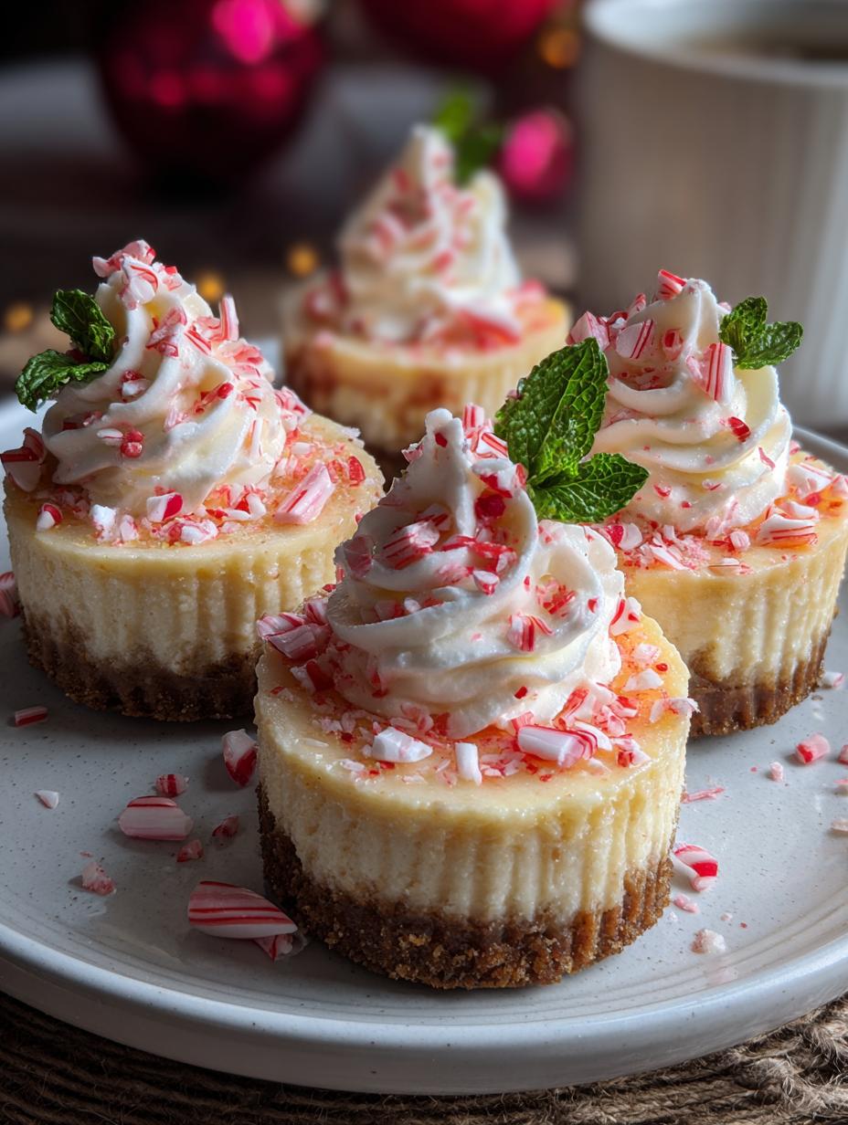 Close-up of Mini Peppermint Cheesecakes with whipped cream and candy cane topping