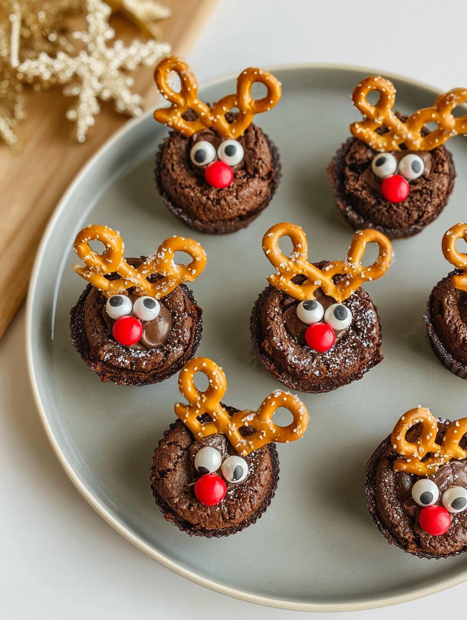 Close-up of Reindeer Brownie Bites with candy eyes and pretzel antlers