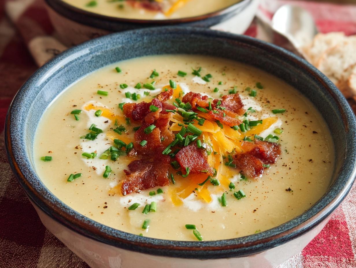 Trashed Potato Soup: Creamy, Comforting Bacon Cheddar Bliss 6 Garnished Trashed Potato Soup with Bacon and Chives