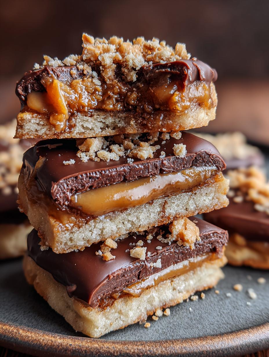 Twix Cookies Buttery Shortbread - gooey caramel being spread onto cooled shortbread cookies