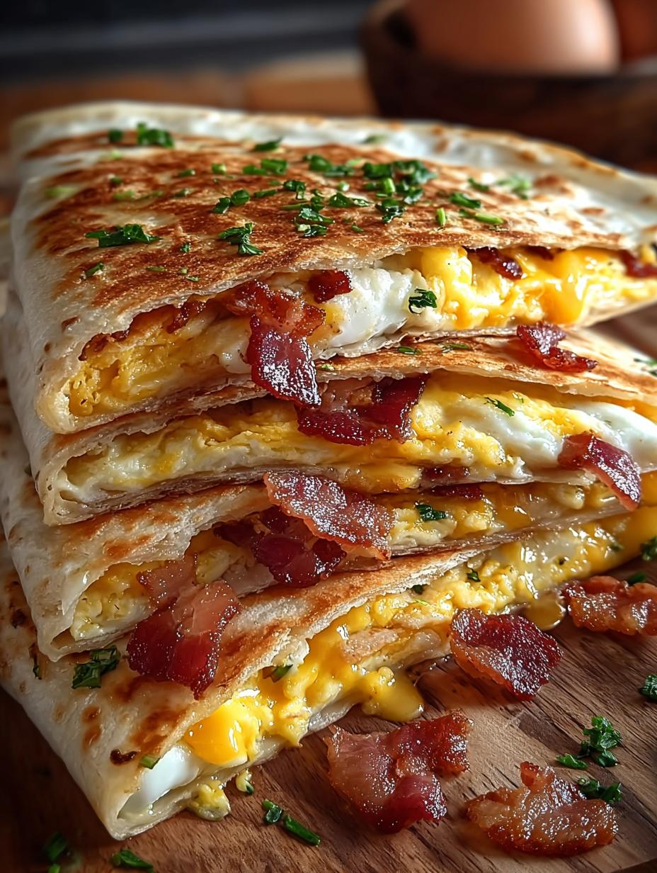 Irresistible Bacon Egg Cheese Quesadillas served hot with melted cheese