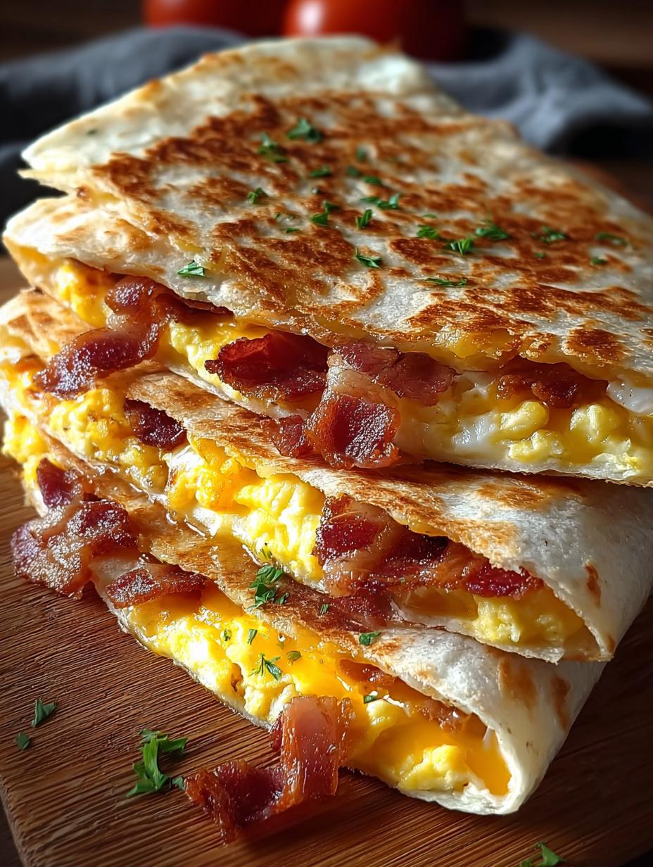 Delicious Bacon Egg Cheese Quesadillas with crispy bacon and melted cheese