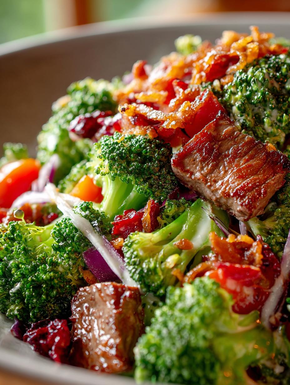 Irresistible Broccoli Beef Bacon Salad served in a bowl