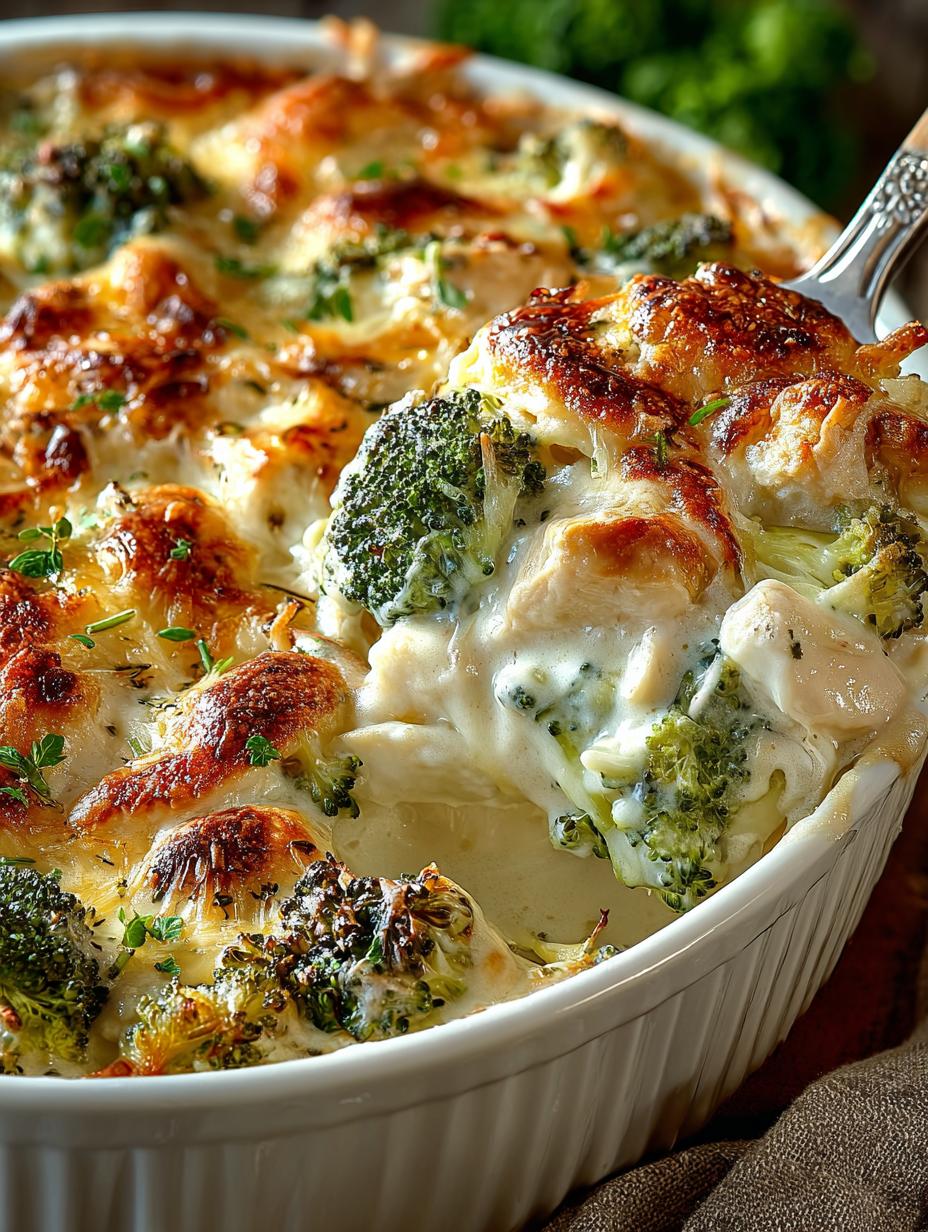Irresistible Chicken Broccoli Alfredo Bake fresh from the oven in a baking dish
