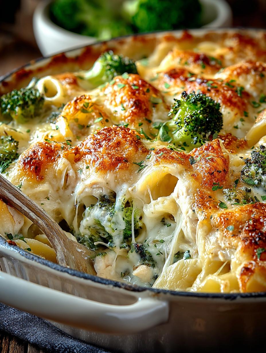Delicious serving of Chicken Broccoli Alfredo Bake on a plate