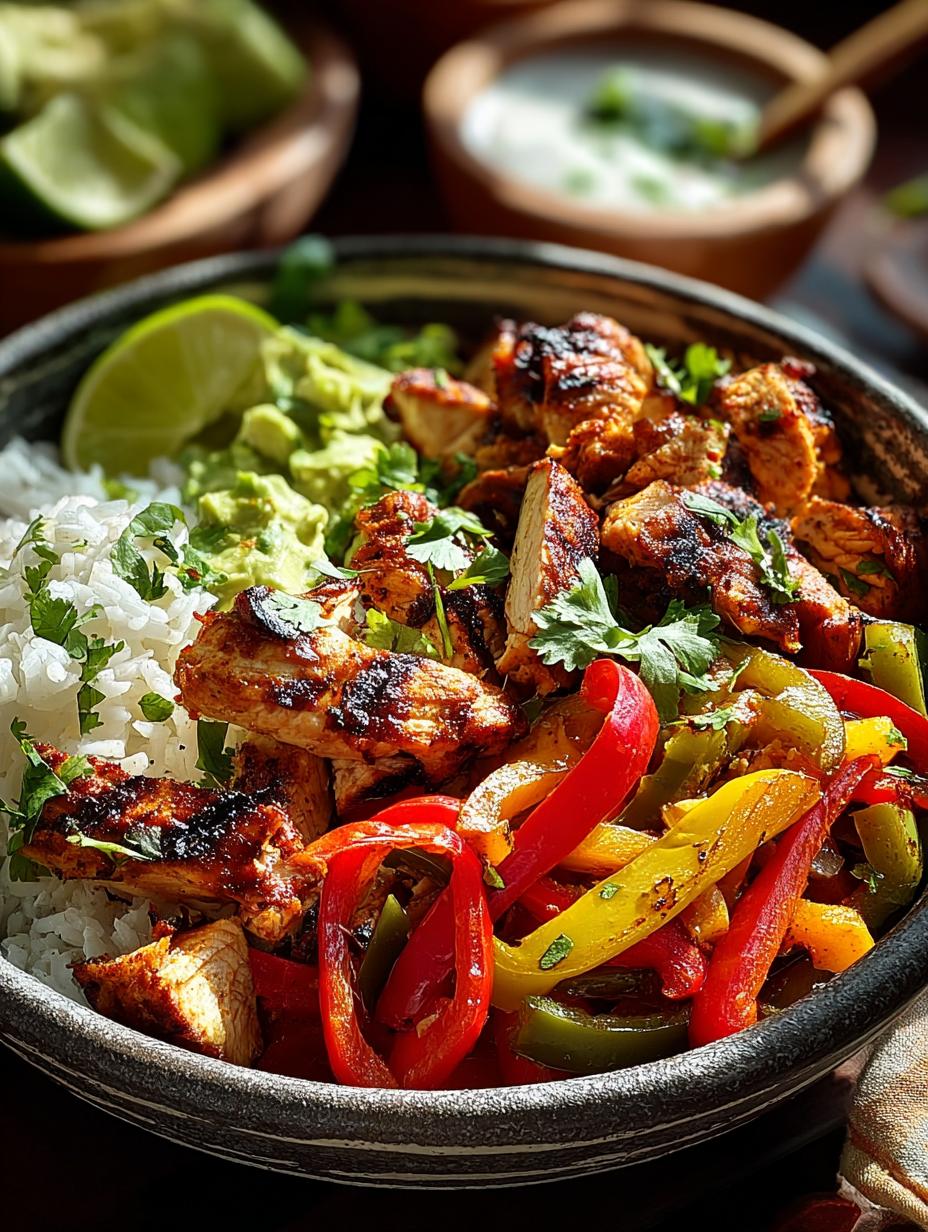 Irresistible Chicken Fajita Bowls with colorful bell peppers and chicken served in a bowl