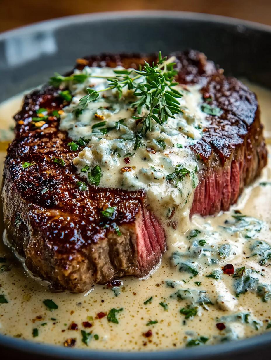 Irresistible Garlic Butter Steak with Parmesan Cream Sauce served on a plate