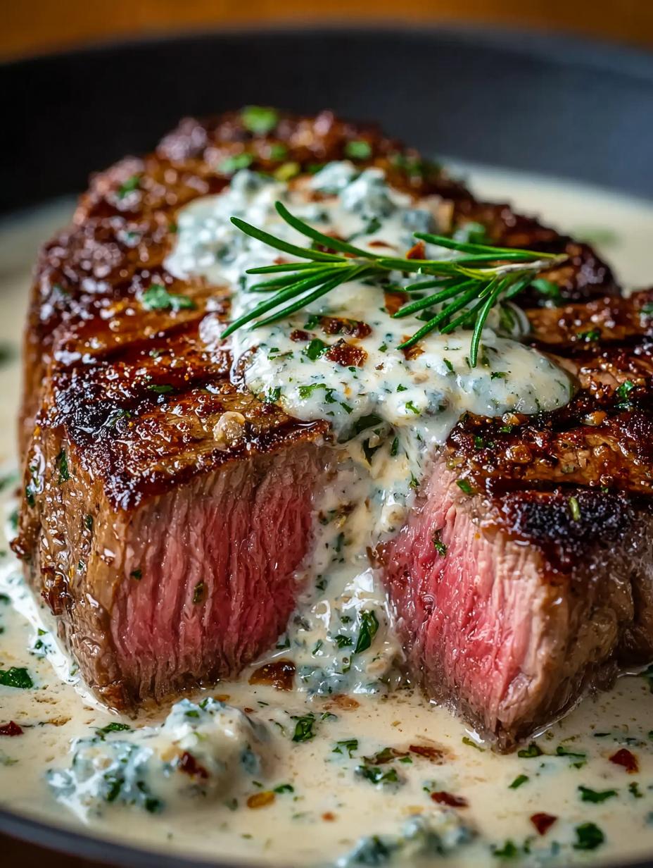 Delicious Garlic Butter Steak with Parmesan Cream Sauce garnished with parsley