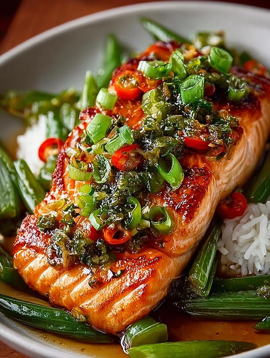 Miso Butter Salmon with Sizzled Scallion Salsa Verde - Miso Butter Salmon with - main visual representation