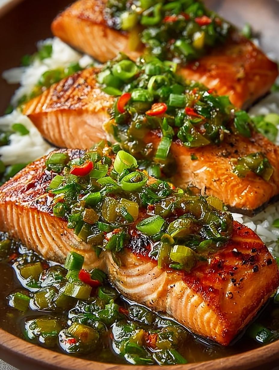 Miso Butter Salmon with Sizzled Scallion Salsa Verde - Miso Butter Salmon with - additional detail