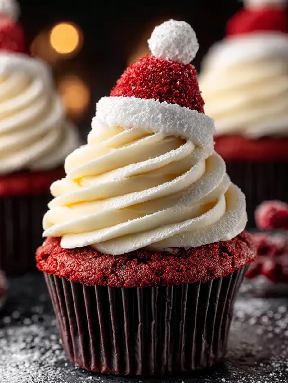 Santa Hat Topped Red Velvet Cupcakes for the Holidays - Santa Hat Topped Red - additional detail
